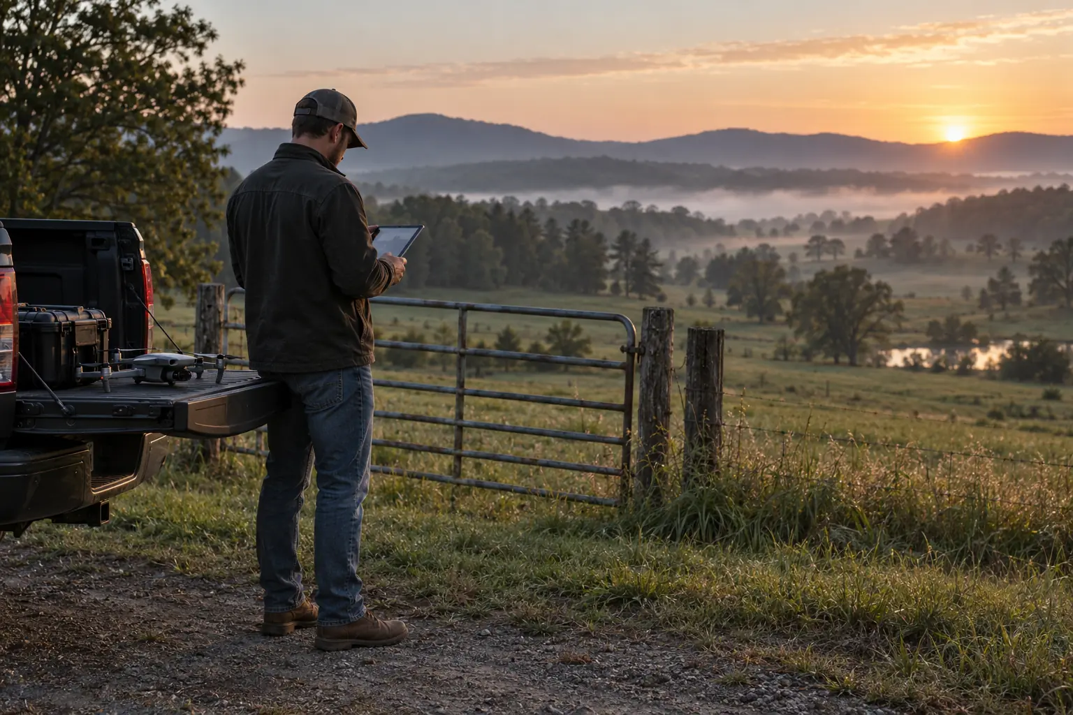 Property media operator preparing drone equipment at a Tennessee pasture gate